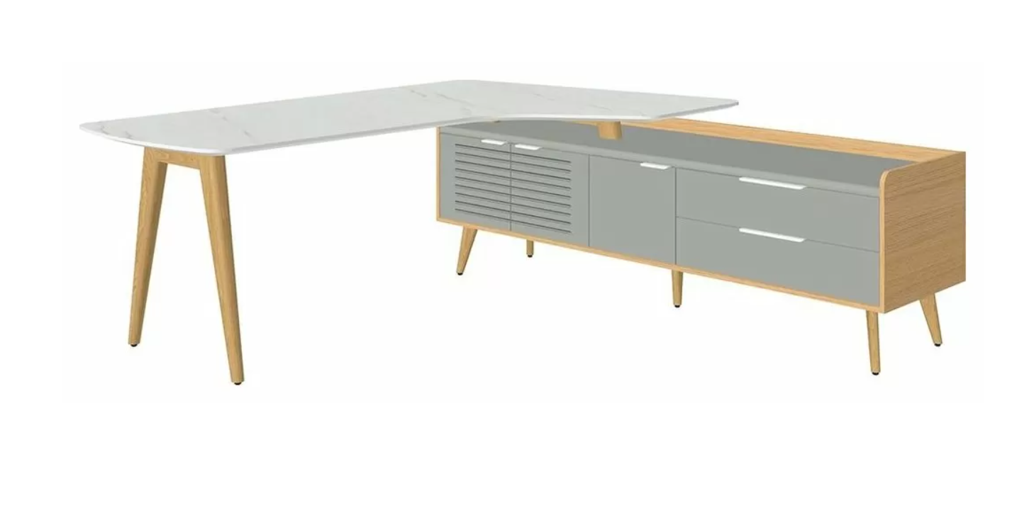 Стол Rem-209.1 R + Rem-34 R  2090x1290x750/Белый мрамор/Дуб Сорано/Серый софт/